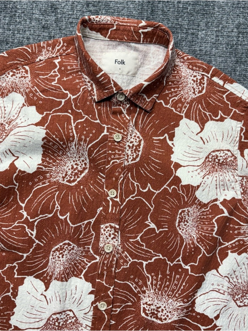 Folk Hawaiian Shirt Mens Small Rust Brown Floral Cotton Linen Blend Beach